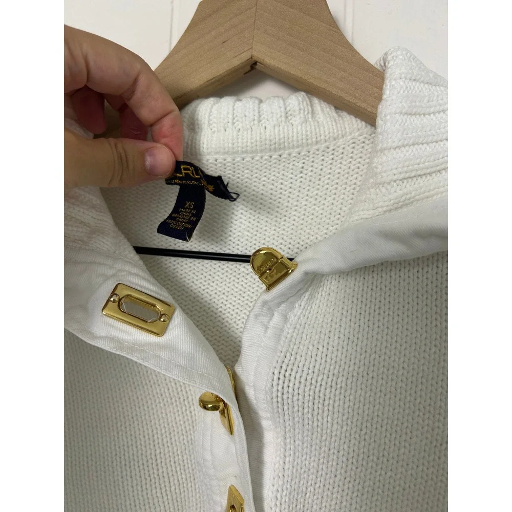 Lauren Ralph Lauren Sweater XS White Cotton Gold Hardware old‎ money equestrian